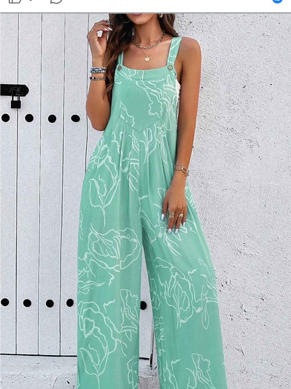SHEIN Mint Green Floral-Print Wide-Leg Jumpsuit